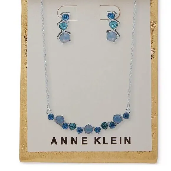 Anne Klein Silver Tone Crystal Necklace Earrings (2pc Set) Trendy Fashion Style - Picture 1 of 7
